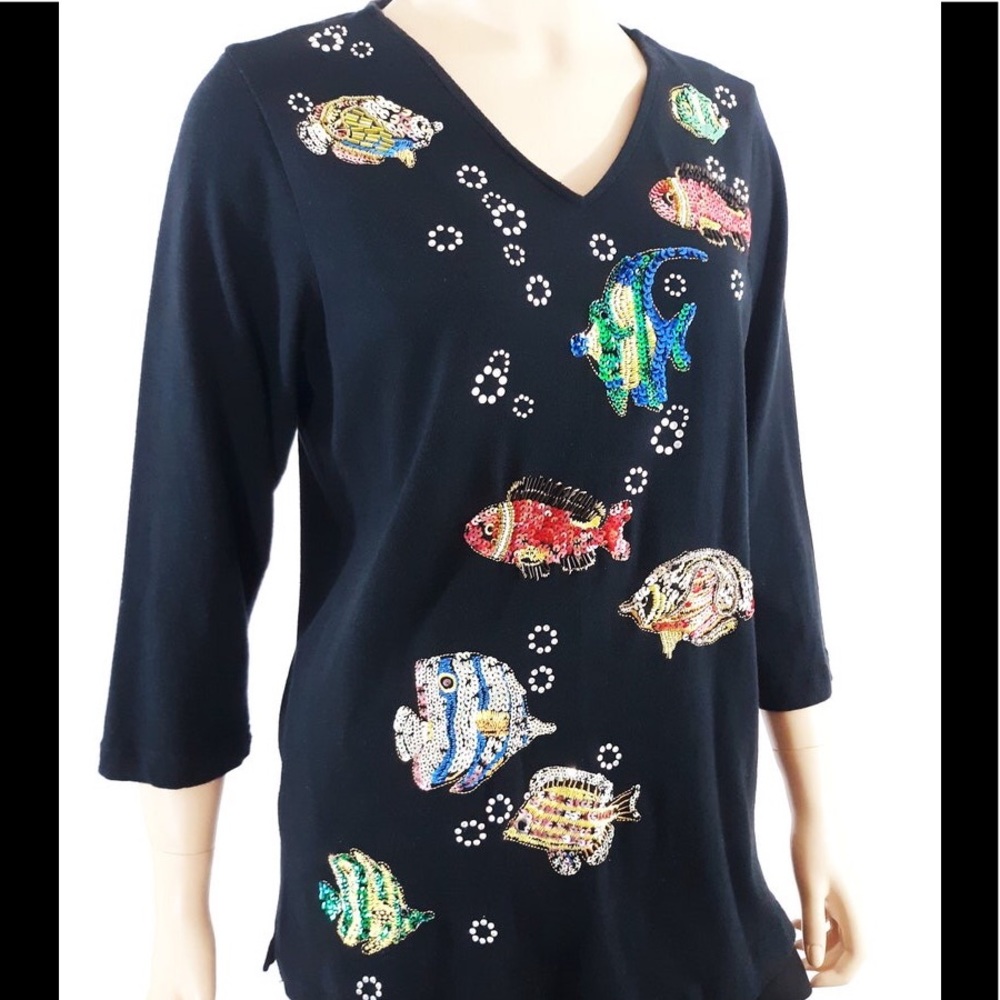 Vintage Quacker Factory Black Hand Beaded Tropical Fish Elbow Sleeve Blouse - Picture 3 of 16